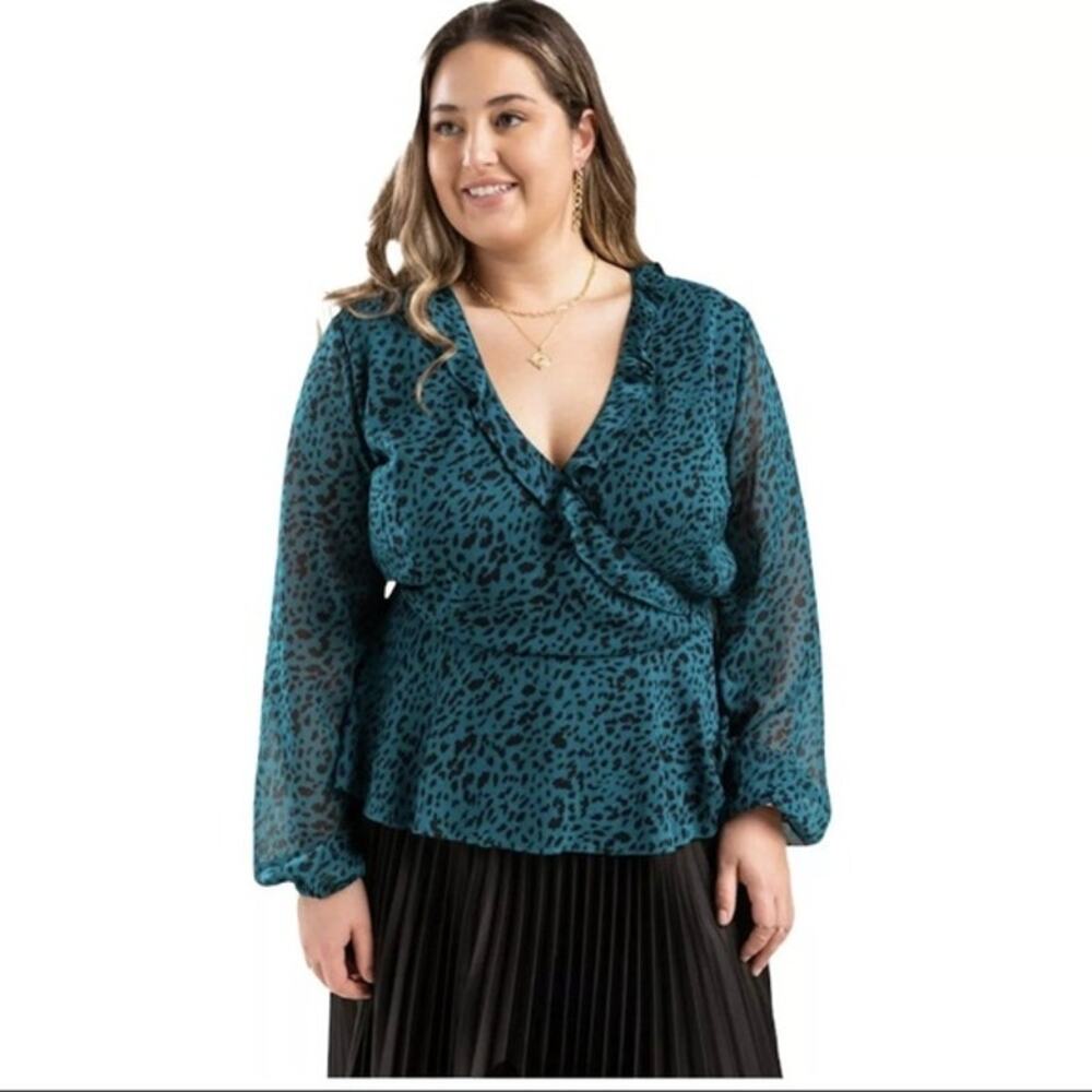 Mi Ami 1X Animal print teal wrap blouse silky crossover